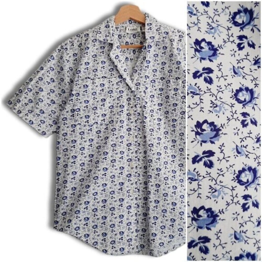 TABI | 100% Cotton Ditsy Floral Button Down Shirt White & Blue Sz 6